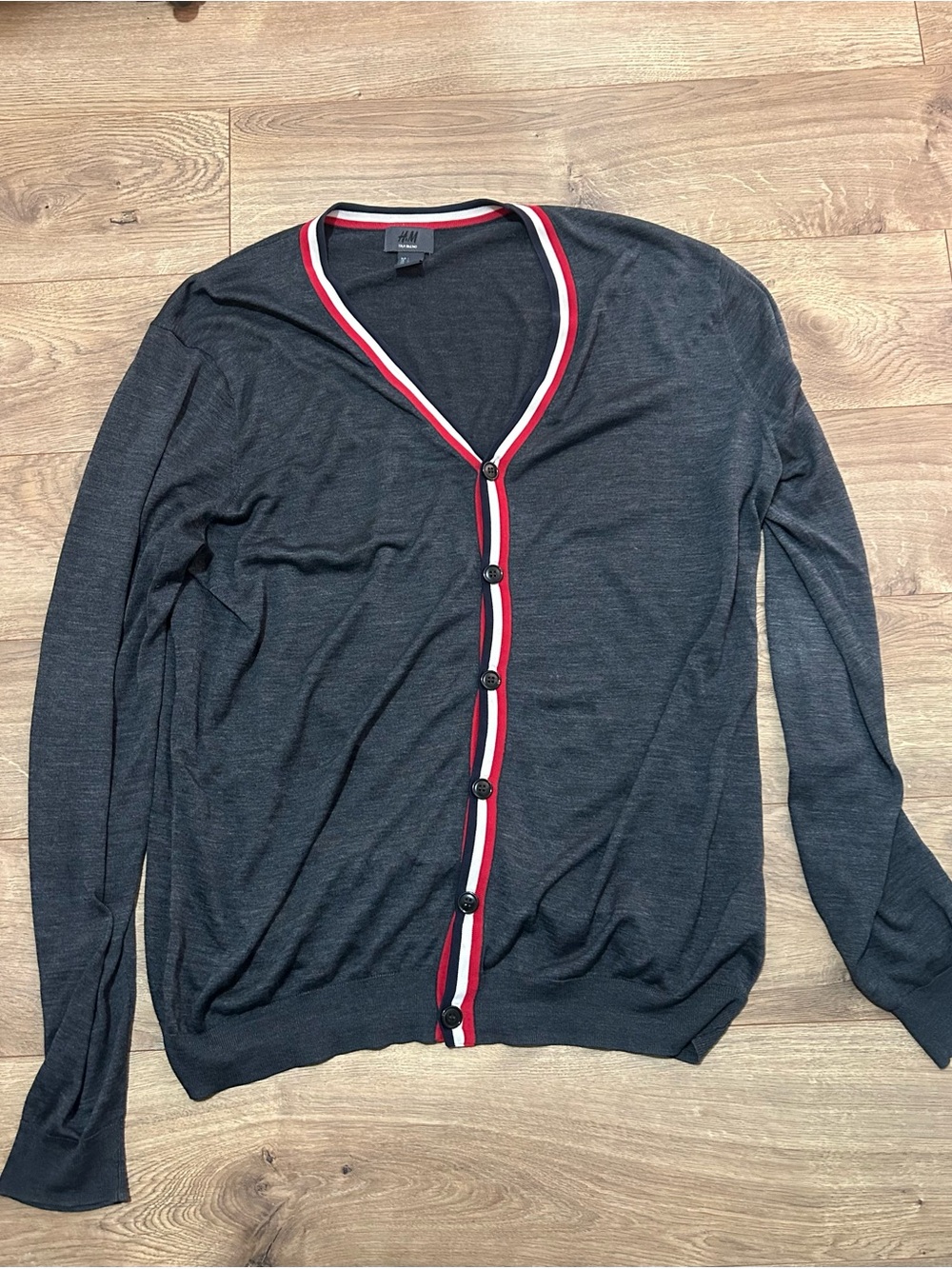 H&M Charcoal V-Neck Cotton Silk Blend Cardigan with Red-Trim Detail